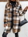 Women's Plaid Flap Pocket Long Sleeve Woolen Coat