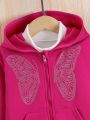 SHEIN Kids QTFun Little Girls' Spring Autumn Casual Butterfly Pattern Sporty Hoodie And Pants Set With Rhinestones