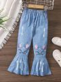 SHEIN Kids SUNSHNE Little Girls' Cartoon Printed Flared Pants Made Of Denim-Like Material