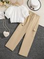 Teen Girls' Solid Color Top And Cargo Pants Set