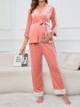 Maternity Contrast Lace Belted Velvet Robe & Pants PJ Set