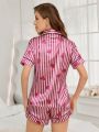 Stripe Heart Printed Satin Pajamas Set