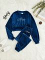 SHEIN Kids KDOMO Tween Girls Loose Fit Academy Letter Rhinestone Velvet Top And Pants Two-Piece Set