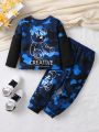 SHEIN Kids EVRYDAY Toddler Boys' Cute Comfortable Bear Pattern Color-block 2 in 1 Round Neck Top And Long Pants Set