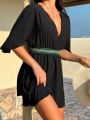 SHEIN Swim BohoFeel Women'S Deep V-Neck Black Shawl