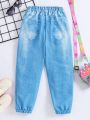 SHEIN Kids QTFun Toddler Girls' Unicorn Printed Denim Look Leggings