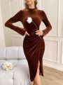 SHEIN Privé Women'S Stand Collar Pleated Slit Hem Long Sleeve Dress