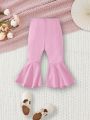SHEIN Baby Girls' Solid Color Bell Bottom Pants With Bow Decoration