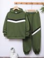 SHEIN Kids Academe Boys' Hooded Sweatshirt And Sport Trousers With Color Blocking Design