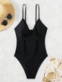 SHEIN Swim BAE Black One Piece Camisole With Strap Detailing