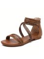 Women's  With Zipper Gladiator Sandals Summer Flat Thong Cross Strappy Sandals Trendy Roman Shoes