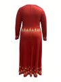 Plus Size 1pc Round Neck Long Sleeve Dress With Hidden Pocket