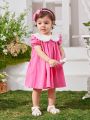 SHEIN Baby Girl Casual Summer Holiday Color Block Short Sleeve Dress With Doll Collar