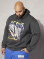 SHEIN Extended Sizes Men Plus Letter & Eagle Print Drawstring Hoodie