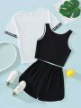 Teenage Girls' Letter Print Short Sleeve T-Shirt, Vest And Shorts Casual 3pcs Outfits
