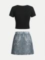 Teenage Girls' Letter Printed T-Shirt And Denim Printed Skirt Set