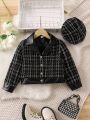 SHEIN Kids FANZEY Young Girl Plaid Pattern Tweed Jacket & Hat