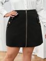SHEIN Privé Plus Size Button Decor Zipper Front Skirt