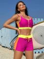 SHEIN Swim SPRTY Colorblock Trim Zip-Front Vest Bikini Set