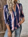 SHEIN LUNE Striped Zipper V-neck Rolled Sleeve Shirt