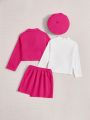 SHEIN Kids FANZEY Young Girl Double Breasted Blazer & Skirt & Hat