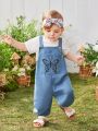 Baby Girls' Night-Luminous Butterfly Printed Denim Overalls