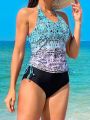 SHEIN Swim Classy Women'S Printed Vest-Style Bikini Swimsuit, Mature And Charming Style