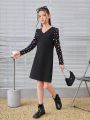 SHEIN Girls' Vintage Simple Street Style V-Neck Long Sleeve Dress With Heart Print