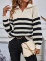 Women'S Striped Raglan Sleeve Zipper Half Placket Sweater