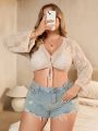 SHEIN Swim BohoFeel Plus Size Knitted Crochet Drawstring Short Kimono