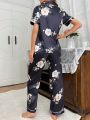 Botanical Print Collared Shirt And Long Pants Pajama Set With Satin Finish