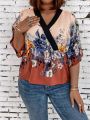 Plus Size Wrap Neck Floral Printed Blouse