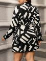 Women's Plus Size Geometric Print Wrap Tie Waist Dress