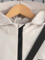 SHEIN Kids EVRYDAY Boys' Letter Patch Flip Detail Hooded Jacket And Pants With Bag Set, For Big Kids