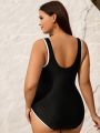 SHEIN Swim Basics Plus Size Zipper Front One Piece Swimsuit With Splice Edge Detail