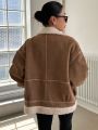 Dazy-Less Top-stitching Drop Shoulder Teddy Lined Suedette Jacket