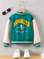 SHEIN Kids HYPEME Young Girl Letter Graphic Striped Trim Colorblock Varsity Jacket