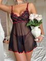 SHEIN Women's Sexy Floral Embroidery Lace Mesh Lingerie Set