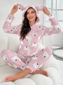 Cartoon Printed Flannel With 3d Ear Decor, Sleepwear