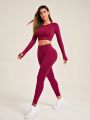 SHEIN Yoga Basic 2pcs Short Shoulder Insert Sport T-shirt And Solid Color High Waist Leggings