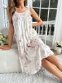 SHEIN Plants Print Contrast Lace Ruffle Hem Nightdress