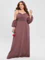 Plus Cold Shoulder Lantern Sleeve Ruched Waist Maxi Bridesmaid Dress