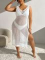 SHEIN Swim BohoFeel Plus Size Women's Hollow Out Split Cover Up Dress