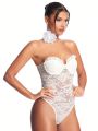 SHEIN BAE Gorgeous Women's Perspective Lace Frilled Trim Strapless Bodysuit With Valentine's Day White Color