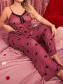 Plus Size Lace Trim Heart Patterned Pajama Set