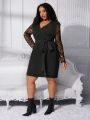 SHEIN CURVE+ Plus Size Wrap Neck Belted Lace Sleeve Midi Dress