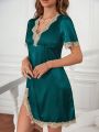 Contrast Lace Split Thigh Satin Nightdress