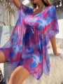 SHEIN Swim BohoFeel Women's Tie Dye Print Batwing Sleeve Drawstring Waist Crop Top