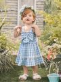 New Summer Baby Girls' Plaid Dress With Bowknot Decorated Strap