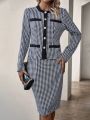 Ladies' Houndstooth Long Sleeve Jacket And Skirt Set